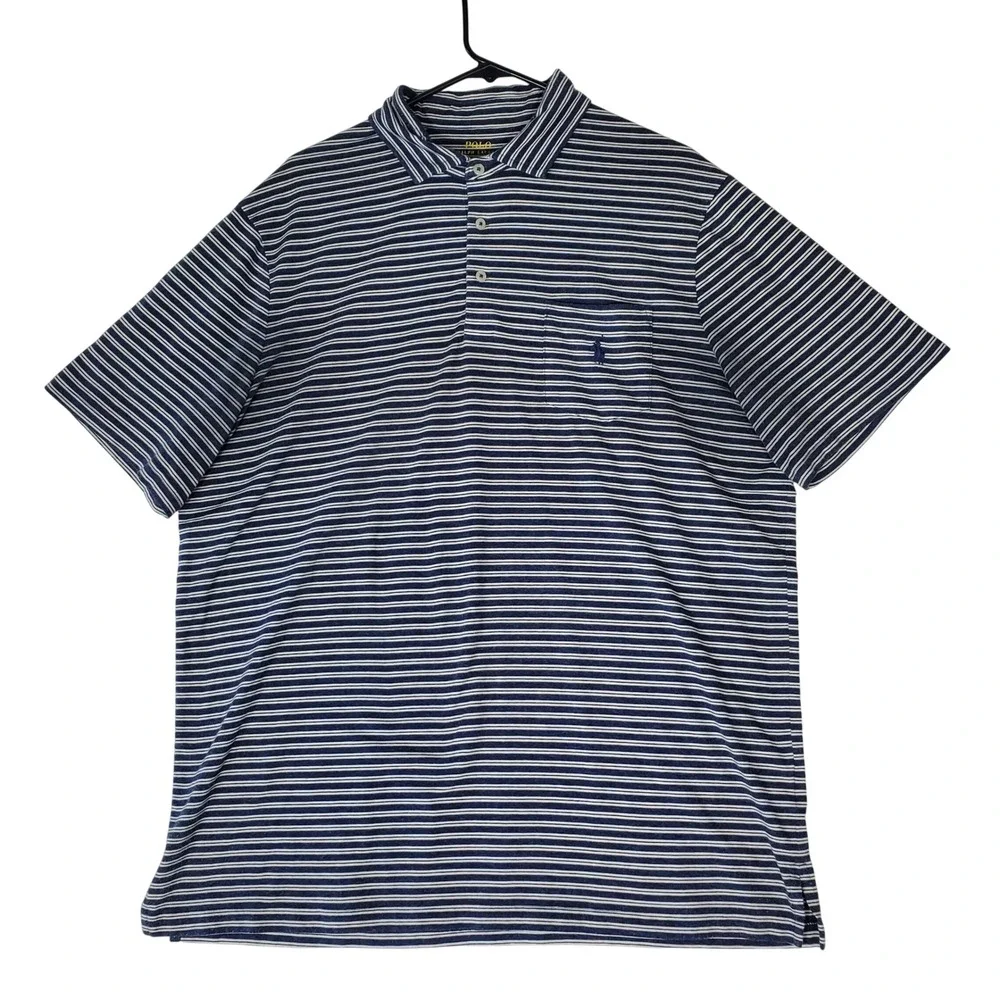 Polo Ralph Lauren Performance Mens Large Navy Blue Striped Pocket Polo Shirt